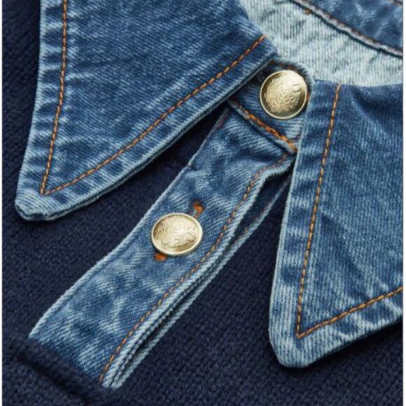 NWT Commense 2 in 1 Denim Collar Knit Sweater Navy Medium - Picture 4 of 5